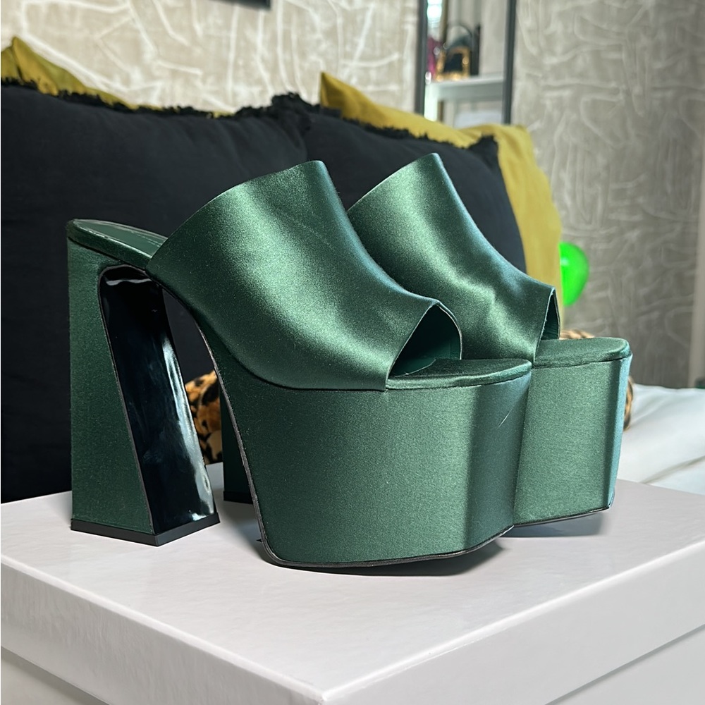 BRANDON BLACKWOOD Satin Platform Mules, Forest Green